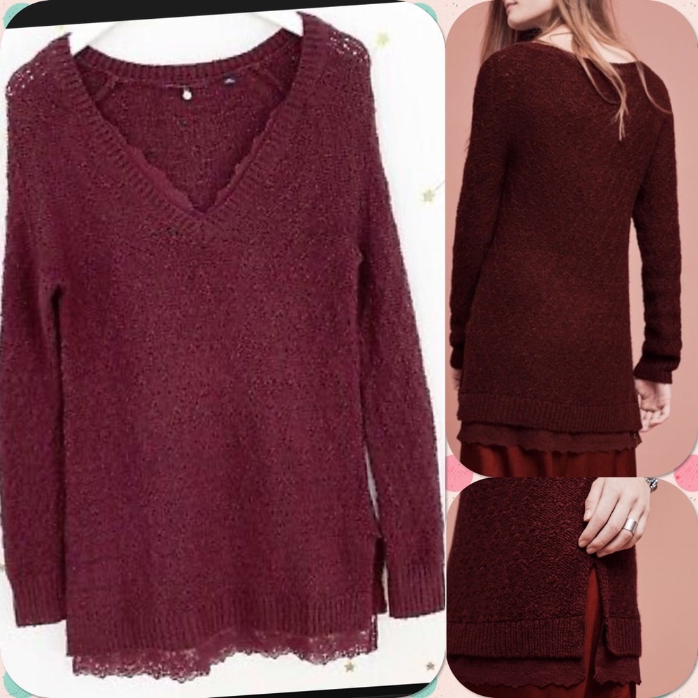 Anthropologie Knitted & Knotted Laced V-Neck Sweater Tunic XS NWT Retail $128